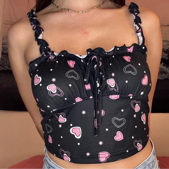Y2K heart print pattern crop top ruched straps tie front bow black pink - Picture 2 of 5